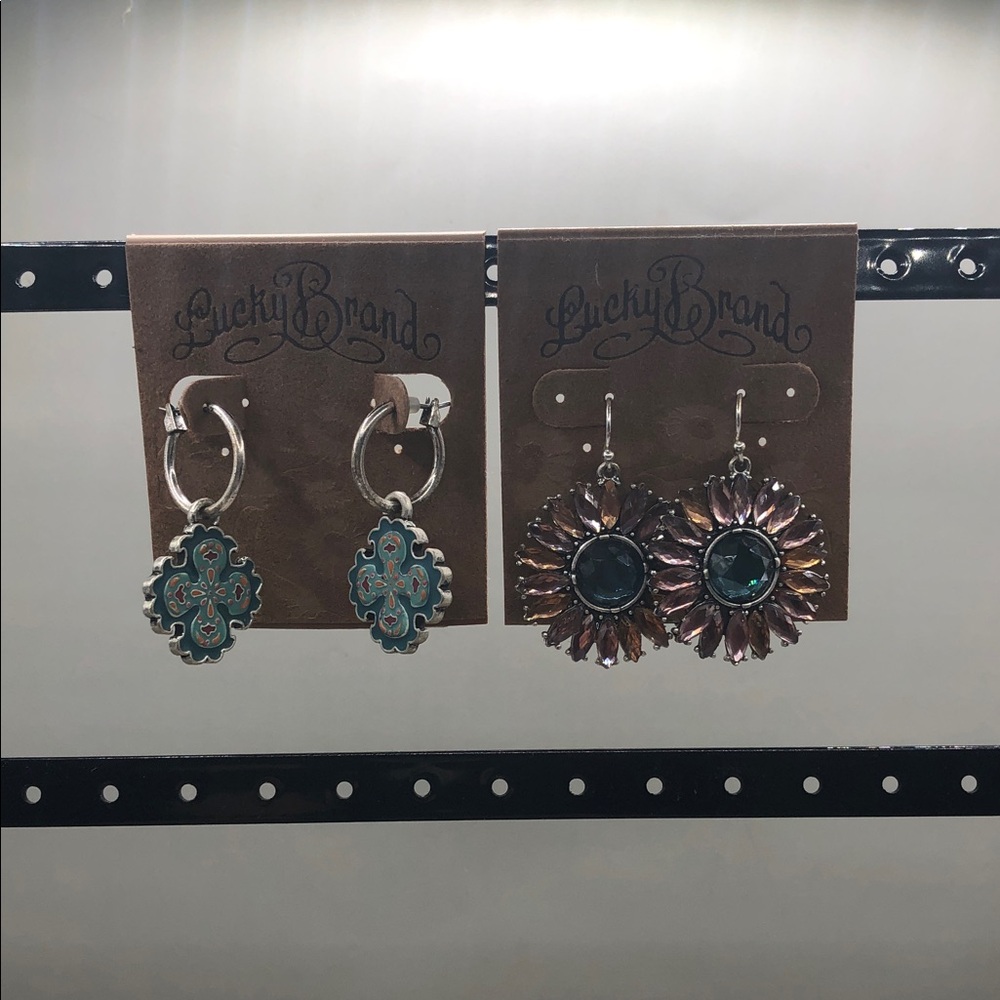 Lucky Brand Earrings Bundle 2 Dangle Hoop Charms + Rhinestone Flower NEW Boho